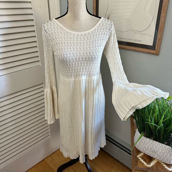SUNDANCE Womens Dress Medium Cream Josalyn Pointelle Bell Sleeve Feminine Boho - Picture 1 of 14